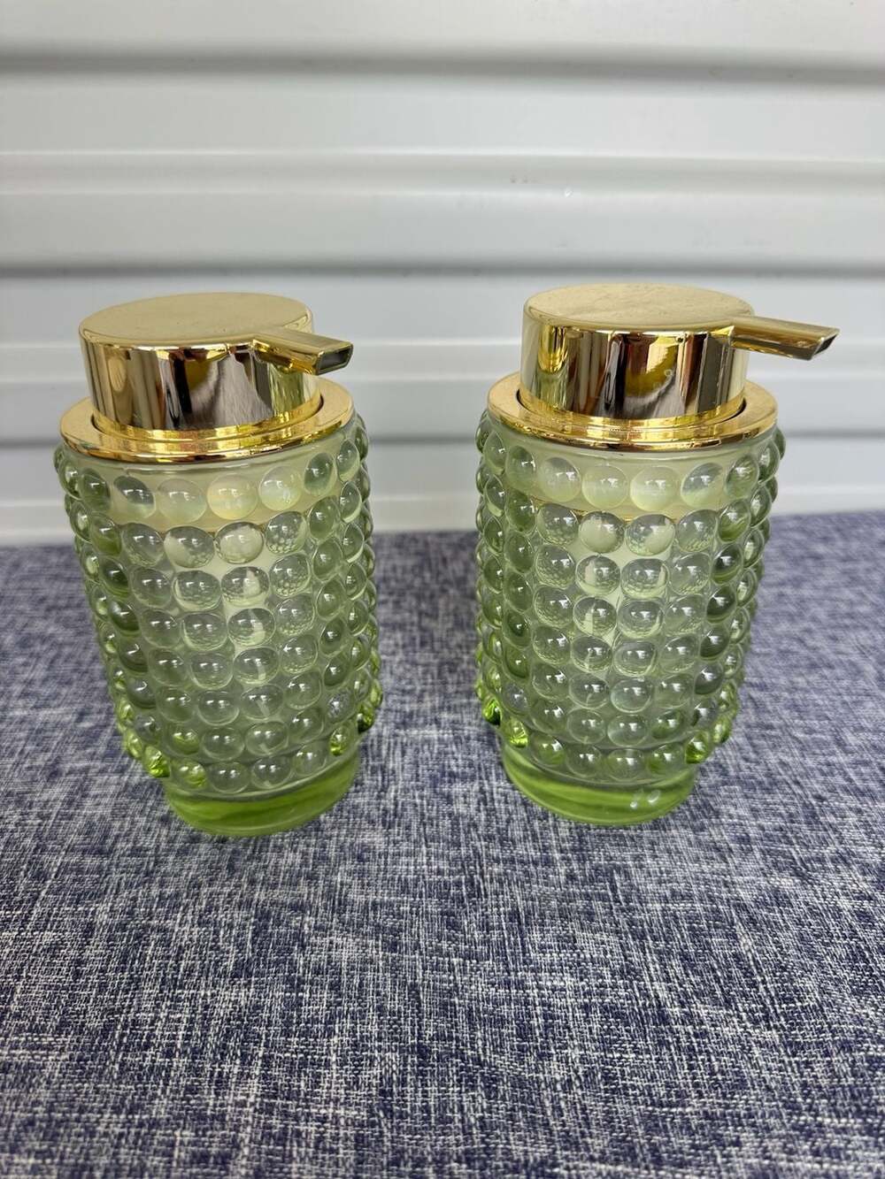 Green Glass Beaded Soap Dispenser Set Gold